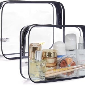 BAGSMART Clear Toiletry Bag, 2 Pack TSA Approved Travel Toiletry Bag Carry on Travel Accessories Bag Airport Airline Quart Size Bags Water Repellent Makeup Cosmetic Bag for Women (Black-2pcs)