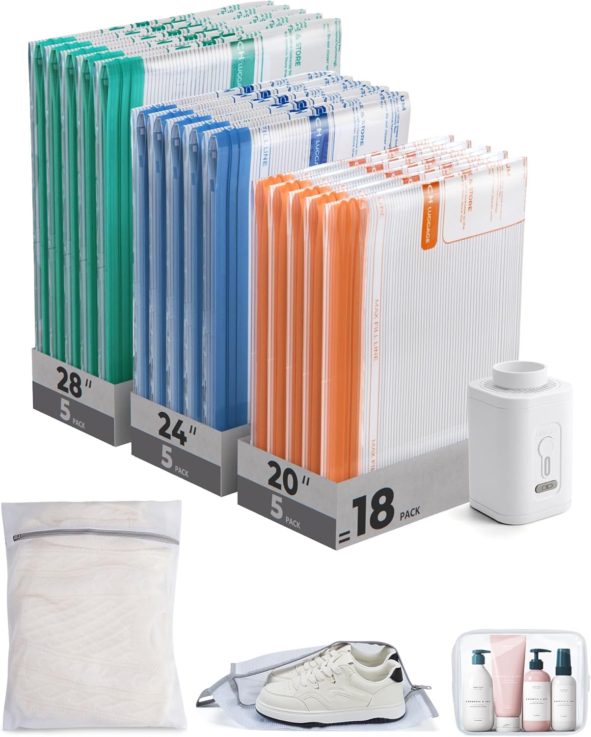 BAGSMART Vacuum Storage Bags for Travel with Rechargeable Air Pump, Portable Space Saver Bags for Travel & Home, Vacuum Compression Seal Bag for Clothing, Blanket, 18 Pack Multicolor