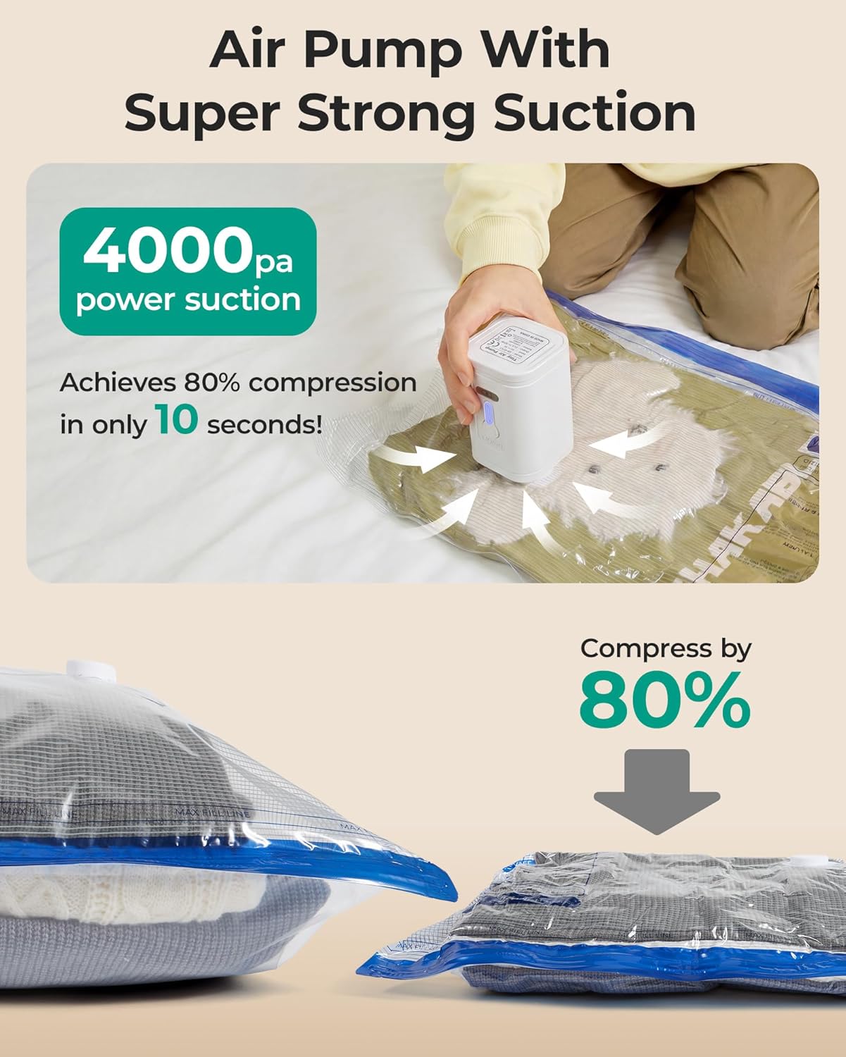 BAGSMART Vacuum Storage Bags for Travel with Rechargeable Air Pump, Portable Space Saver Bags for Travel & Home, Vacuum Compression Seal Bag for Clothing, Blanket, 18 Pack Multicolor - Image 5